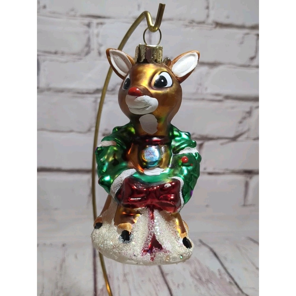 CVS 2010 Santa Reindeer Rudolph Glass Christmas Ornament Hand‎ Crafted